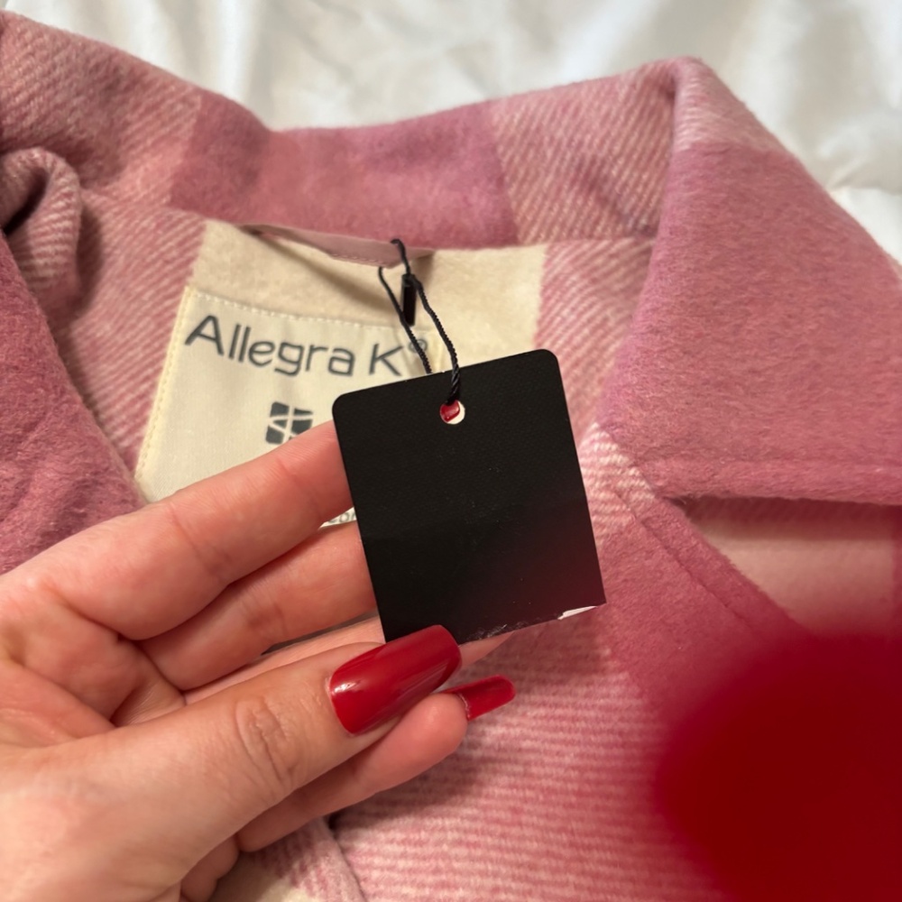 Allegra K Pink White Plaid Double-Breasted Collared Pea Coat Size L - Picture 8 of 9